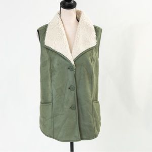 Gorpcore cozy warm faux Suede vest wide collar sherpa lining green Denim & Co XL